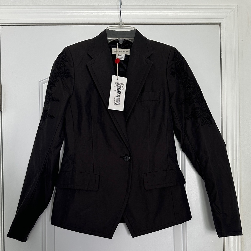 NWT Dries Van Noten Charcoal Gray Embroidered Blazer Outerwear 100% Cotton Sz 36